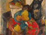 l'image d'une peinture représentant une coupe de fruits sur une table