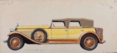 drawing of an old yellow car with a tan top and tan tires