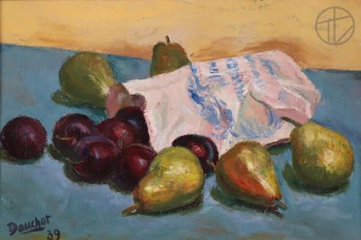 une peinture représentant des poires, des prunes et un sac posés sur une table