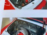 two pictures of a car with a red engine in it