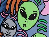 an image of a painting of aliens and a star on a blue background