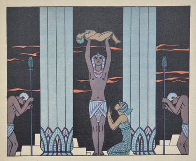 une image représentant un tableau où l'on voit un homme perché sur un poteau aux côtés d'une femme en maillot de bain