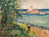 a painting of a man standing on a hill by the water