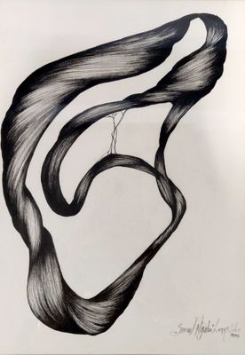 dessin en noir et blanc représentant les cheveux d'une femme flottant au gré du vent