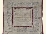 an old newspaper with a red border and a picture of a man on a horse