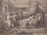 an old drawing of a man laying on a bed in a room