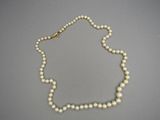 un gros plan d'un collier de perles blanches posé sur une surface grise