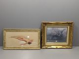 deux tableaux représentant des nus, encadrés, posés l'un à côté de l'autre sur une table