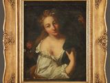a painting of a woman in a white dress holding a flower