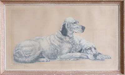 tableau représentant un chien et un chiot couchés, dans un cadre