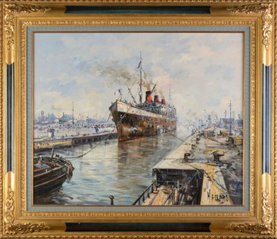 an oil painting of a ship docked at a dock with other boats