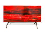 an abstract painting of red and black on a white background