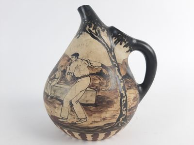 a vase with a painting on it on a white background