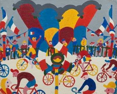 un tableau représentant un groupe de personnes à vélo