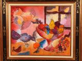 an oil painting of a bowl of fruit on a table next to a window
