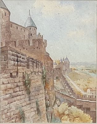 Circa 1907"Carcassonne" deux aquarelles formant pendant sign…