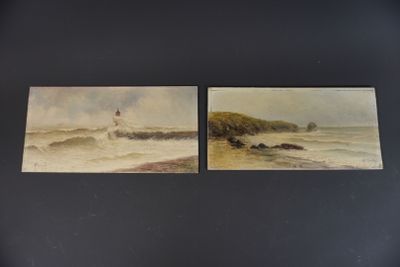deux tableaux représentant un phare sur un rivage rocheux et un plan d'eau