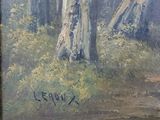 a painting of some trees in the woods by the water