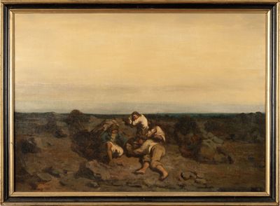an oil painting of a man and a dog in a rocky landscape