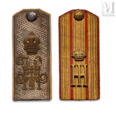 two military badges with gold and red stripes on a white background