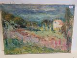 une peinture à l'huile d'un paysage avec une maison au loin