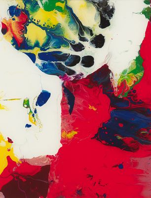 abstract painting of red, yellow, blue, and green colors on a white surface