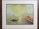 painting of a gondola on a river with a city in the background