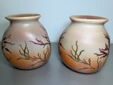 two vases that are sitting on a table