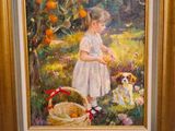 tableau représentant une petite fille avec un panier d'oranges et un chien