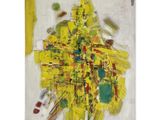 une peinture composée de touches de jaune et de vert sur un fond blanc