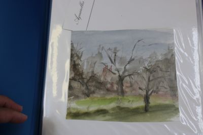 a picture of a watercolor painting of a tree in a field