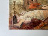 a painting of a woman laying on a bed with a hat on