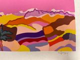 a picture of a painting of a person walking in the mountains