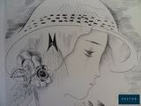 a drawing of a woman wearing a hat with a bird on it