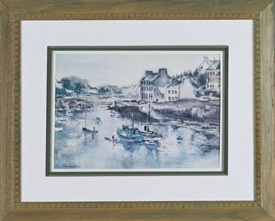 aquarelle encadrée représentant une scène de port avec des bateaux sur l'eau