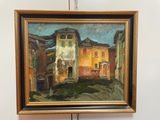 peinture à l'huile d'une scène de rue avec des bâtiments en arrière-plan