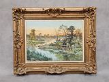 un tableau représentant un paysage avec une rivière et un pont
