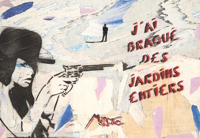 tableau représentant un homme tenant un pistolet, accroché à un mur recouvert de graffitis
