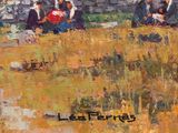 a painting of a group of people sitting in a field