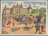 painting of a group of people riding horses in front of a castle
