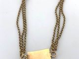 a close up of a gold necklace with a bar on it