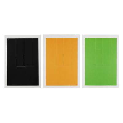 a set of three paintings of different colors on a white background