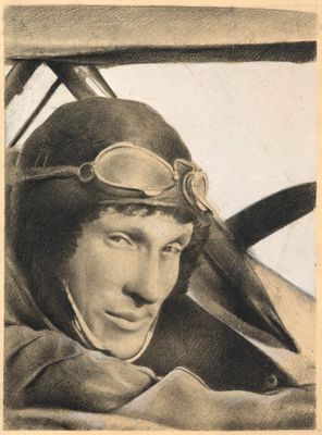 dessin représentant un homme portant un casque et des lunettes de pilote, assis dans un avion
