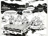 caricature politique représentant un groupe de personnes dans un bateau sur une rivière