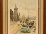 a painting of a street scene with people and buildings in the background