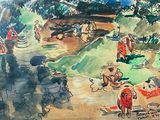un dessin représentant un tableau où l'on voit des personnes dans un champ