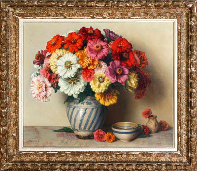 un tableau représentant des fleurs dans un vase et un bol posés sur une table