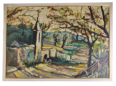 an image of a painting of a road with trees in the background