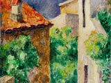 une peinture à l'huile représentant une scène de rue avec des maisons et des arbres en arrière-plan