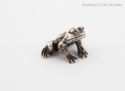 un gros plan d'une grenouille argentée sur une surface blanche
